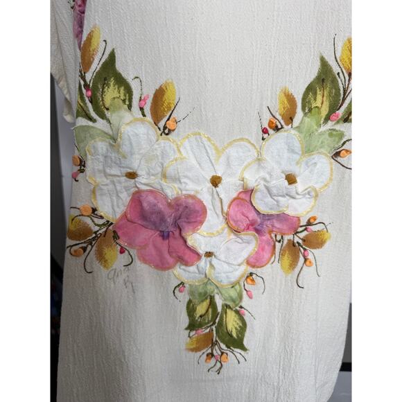 Ana R. Floral Mexico Top Boho Hippie Sleeveless Beige Boho Fairy Cottage Preppy - Picture 4 of 6